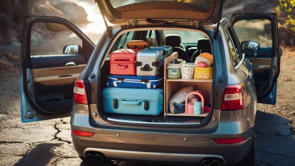 A car packed for a family road trip, with baby essentials visible