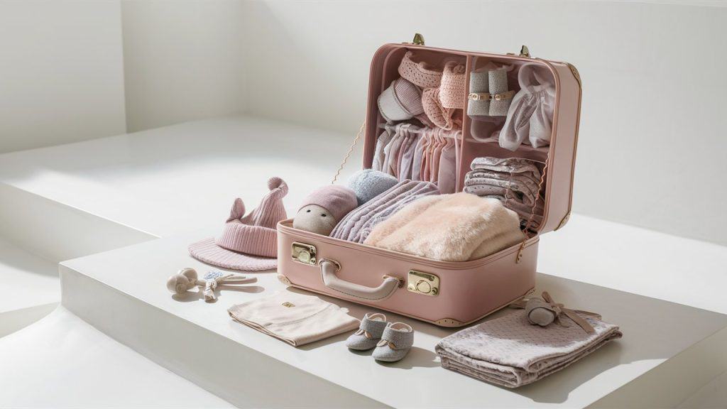 A cute baby suitcase filled with adorable baby clothes and accessories