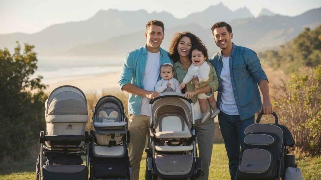 A happy family with a baby, standing in front of a scenic backdrop, surrounded by their baby travel essentials