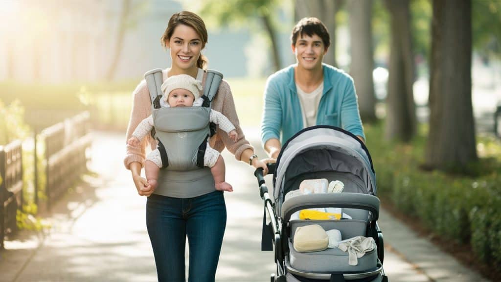 A parent wearing a baby in a carrier while pushing a stroller filled with baby essentials