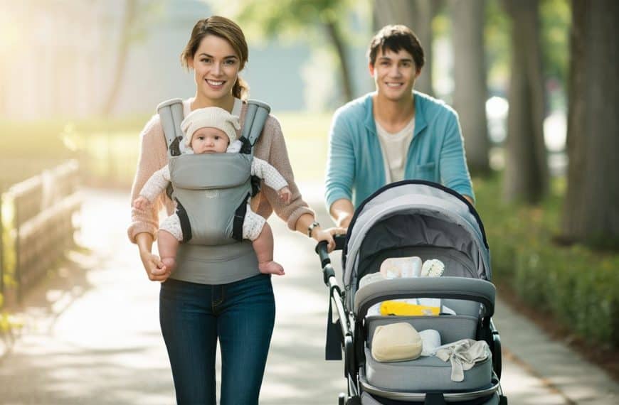 A parent wearing a baby in a carrier while pushing a stroller filled with baby essentials