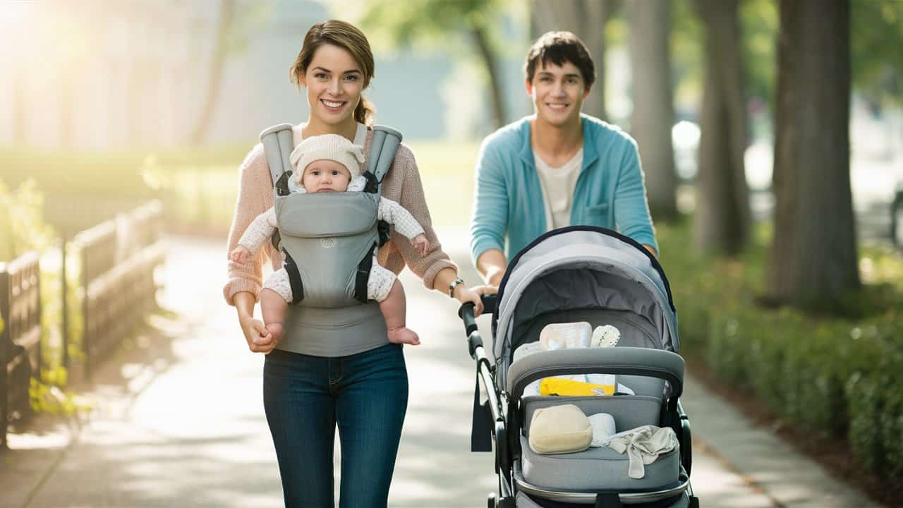 A parent wearing a baby in a carrier while pushing a stroller filled with baby essentials