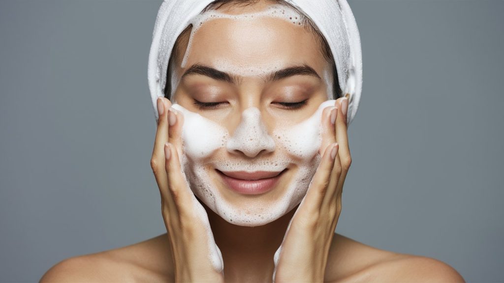 A person gently cleanses their face with a foaming cleanser