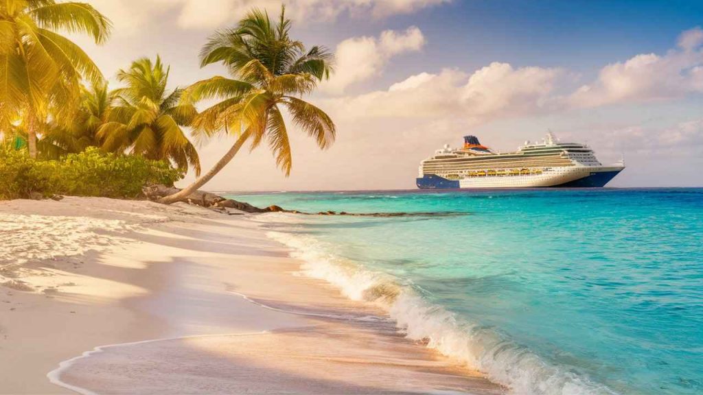 A Cruise at Caribbean beach with white sand, turquoise waters, and palm trees.