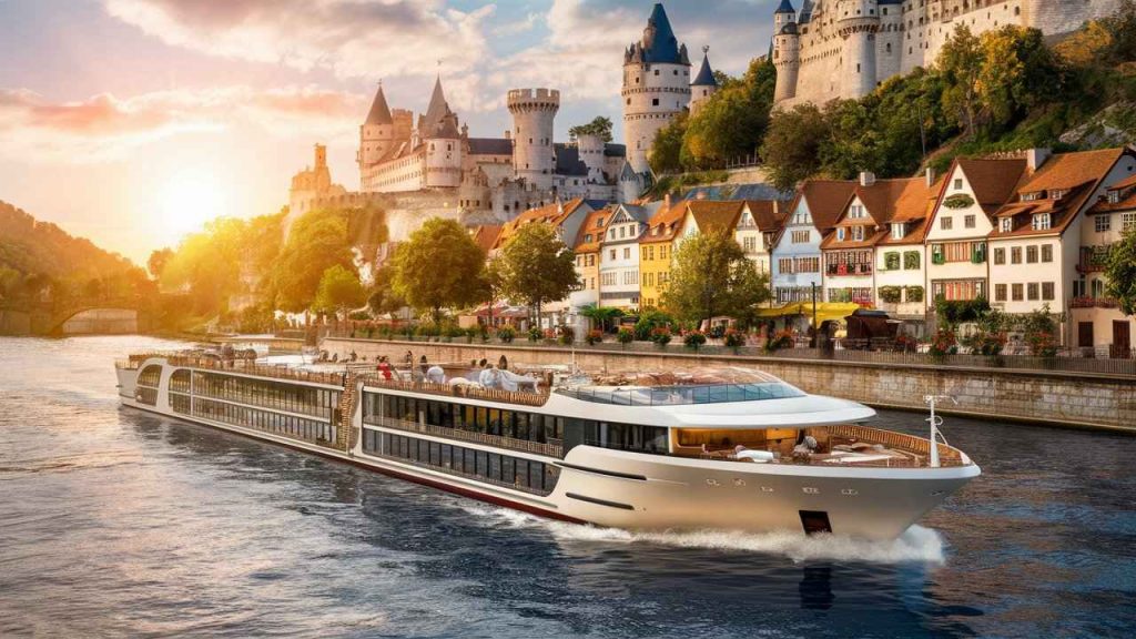 A river cruise ship sailing past a picturesque European town with castles in the background