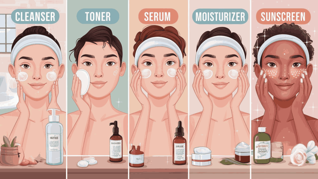 A step-by-step illustration showing a person applying different natural skincare products, with arrows indicating the order of application