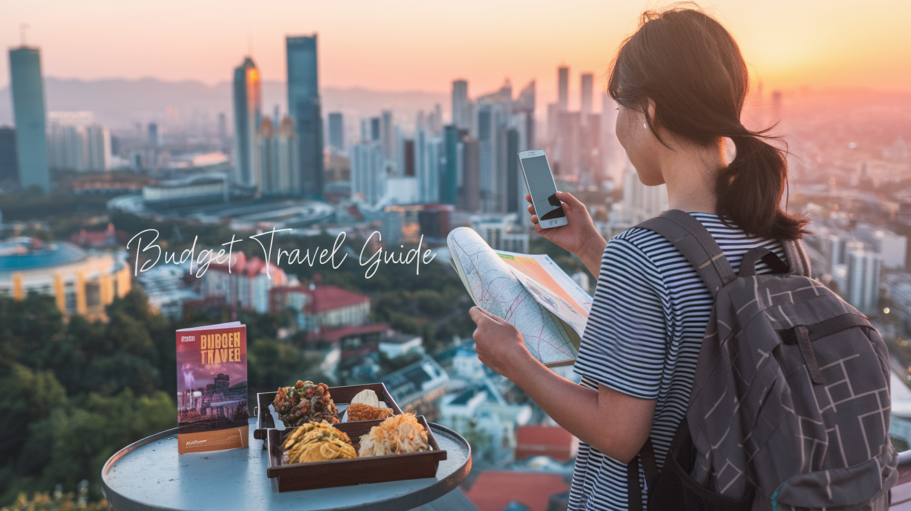 Budget Travel Guide - A young Asian female traveler with a backpack, standing on a scenic viewpoint overlooking a bustling foreign city at sunset. She's holding a smartphone in one hand and a map in the other, symbolizing budget-friendly travel planning. In the foreground, a small table displays local street food and a guidebook. The background showcases a mix of modern skyscrapers and historic architecture, representing diverse travel destinations.