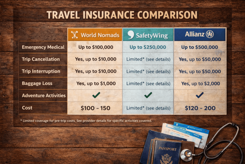 Travel insurance comparison table