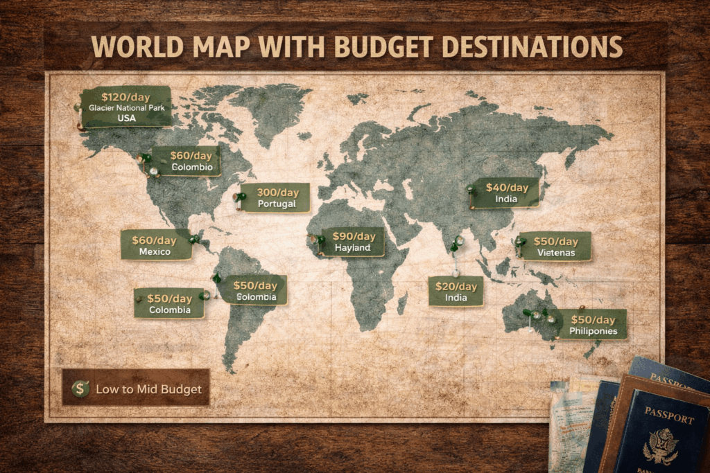 World map with budget destinations highlighted