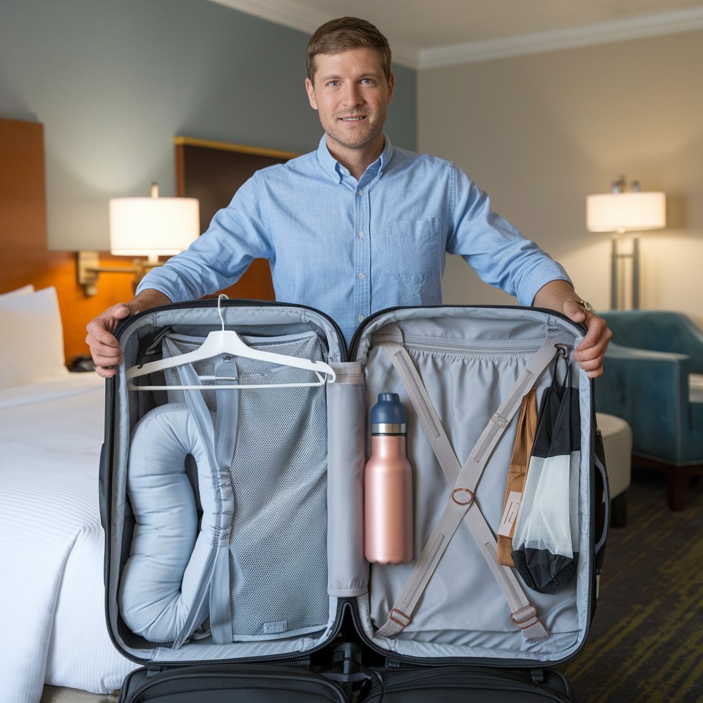 a man prioritize multi-purpose items to save space and reduce the weight of luggage