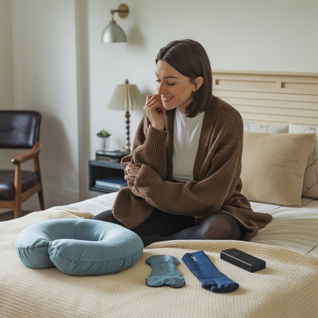 a woman Pack for comfort during transit such as neck pillow and eye mask, compression socks and portable charger