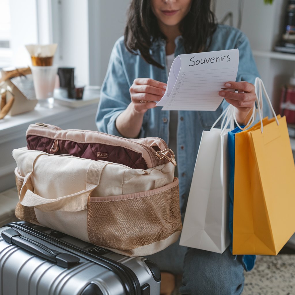 a woman planning for souvenirs is crucial for a stress-free international trip such as leave extra space in luggage, pack a foldable bag