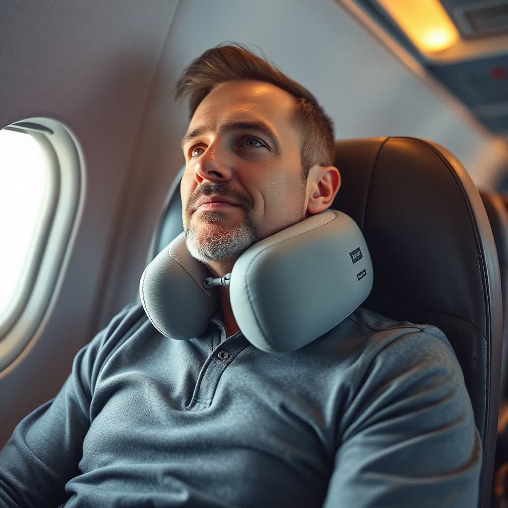 a man sitting in flight with neck pillow