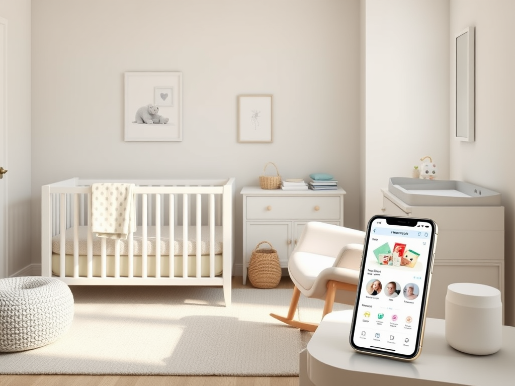 Create a realistic image of a clean, modern nursery with soft lighting, featuring a white crib, a comfortable rocking chair, and a changing table with neatly organized baby essentials like diapers, wipes, and lotions. A mobile phone displaying a shopping app for baby products is visible on a nearby side table.