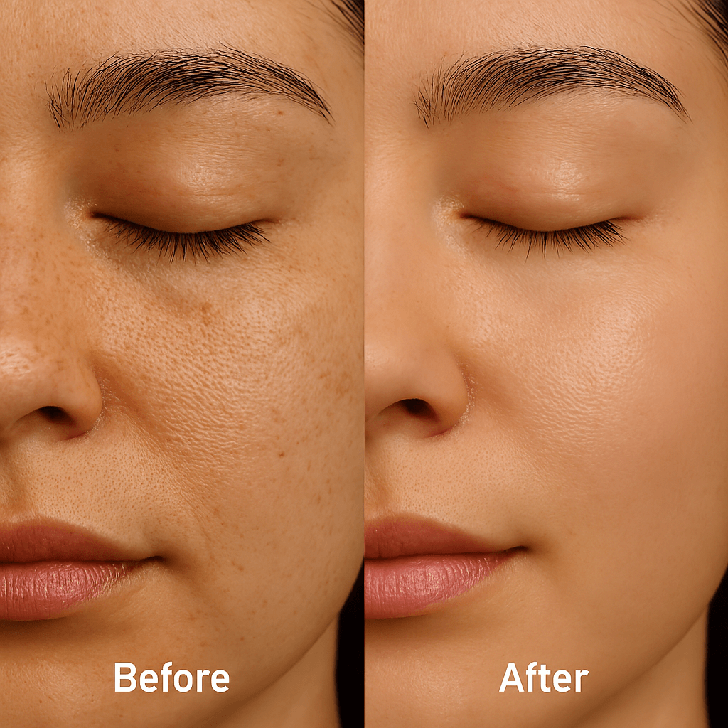 Before and after showing improved skin plumpness and pore appearance