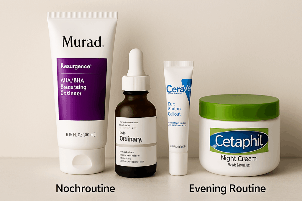
Night routine setup showing the cream alongside other evening skincare products.
