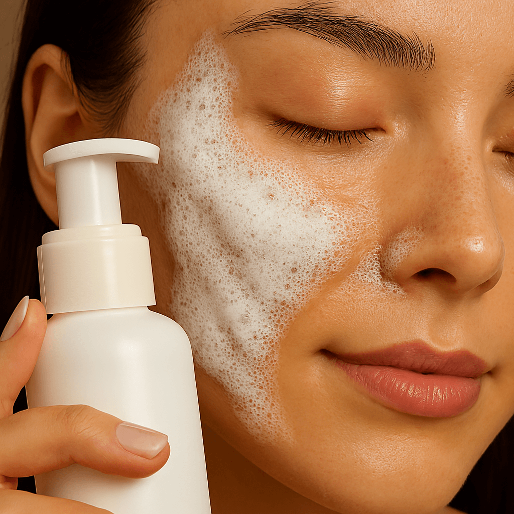 Product shot showing the foaming cleanser in action with clean, refreshed skin