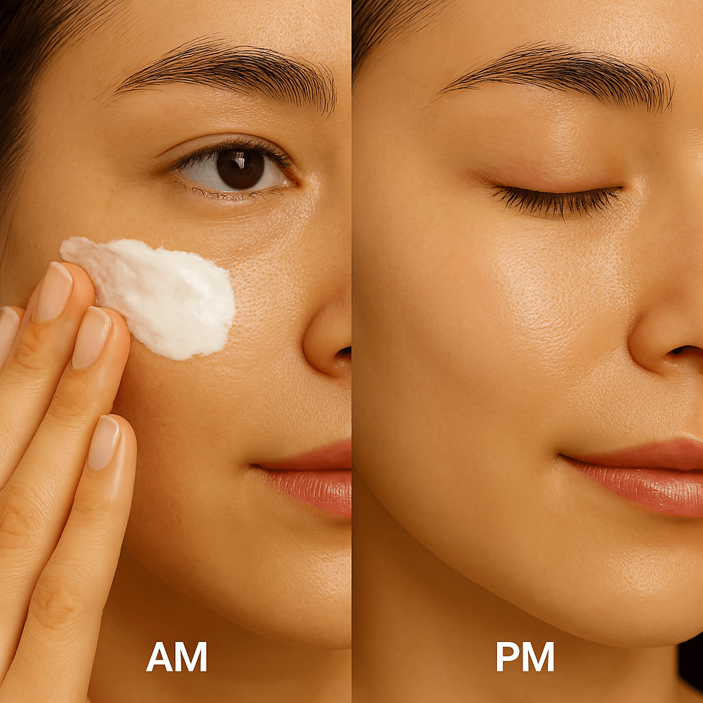 Split image showing morning application of the moisturizer and evening skin results