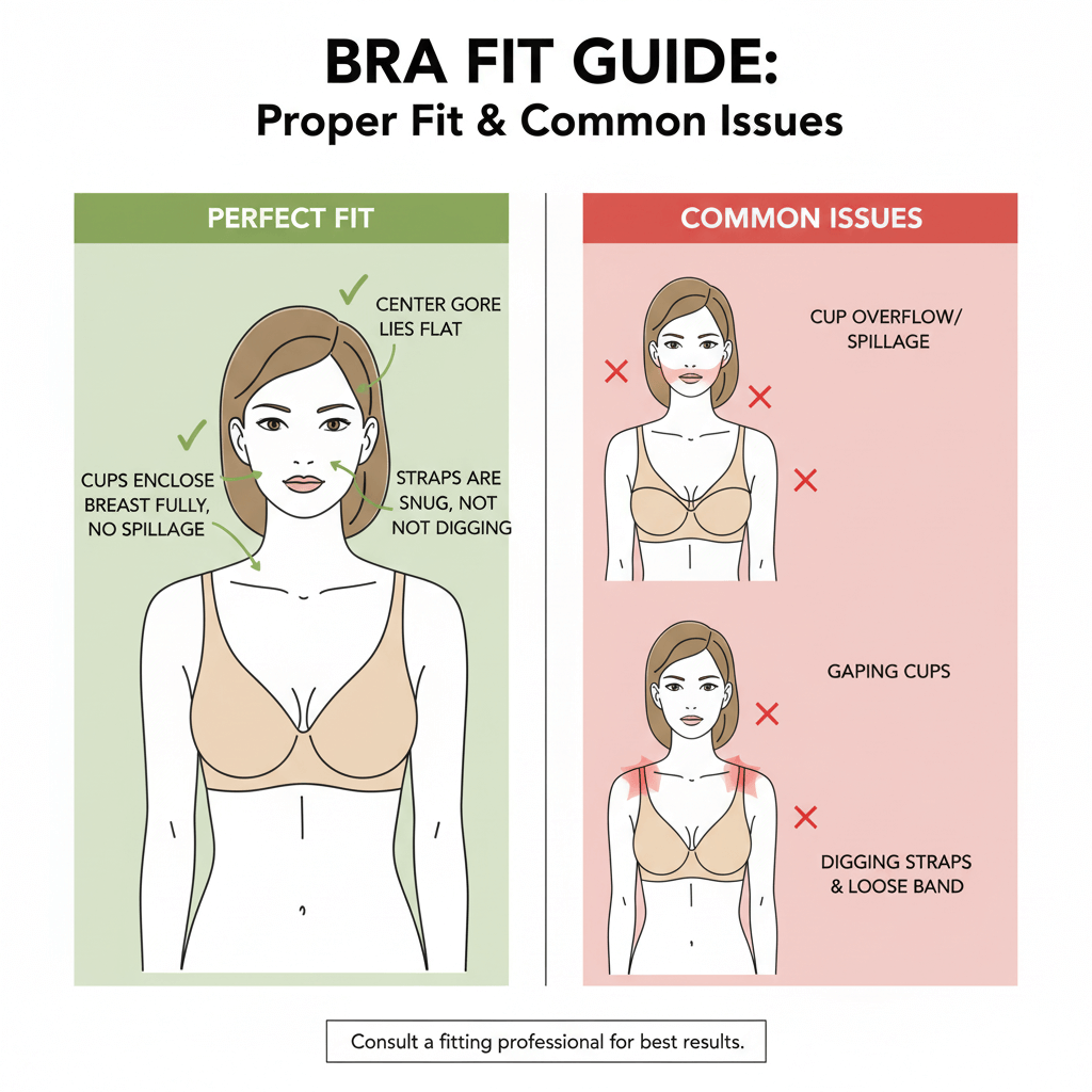 Chart Diagram showing proper bra fit points and common fit issues