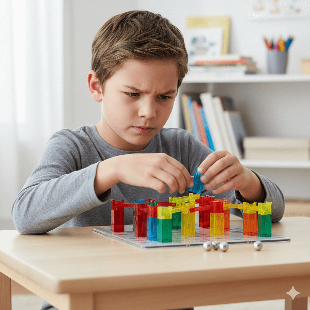 Child concentrating intensely while solving a Gravity Maze challenge with pieces arranged on table