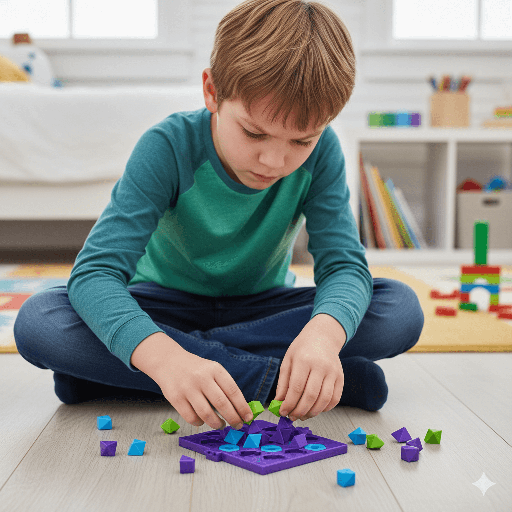 Child concentrating while solving a Kanoodle Pyramid challenge with pieces arranged on the floor