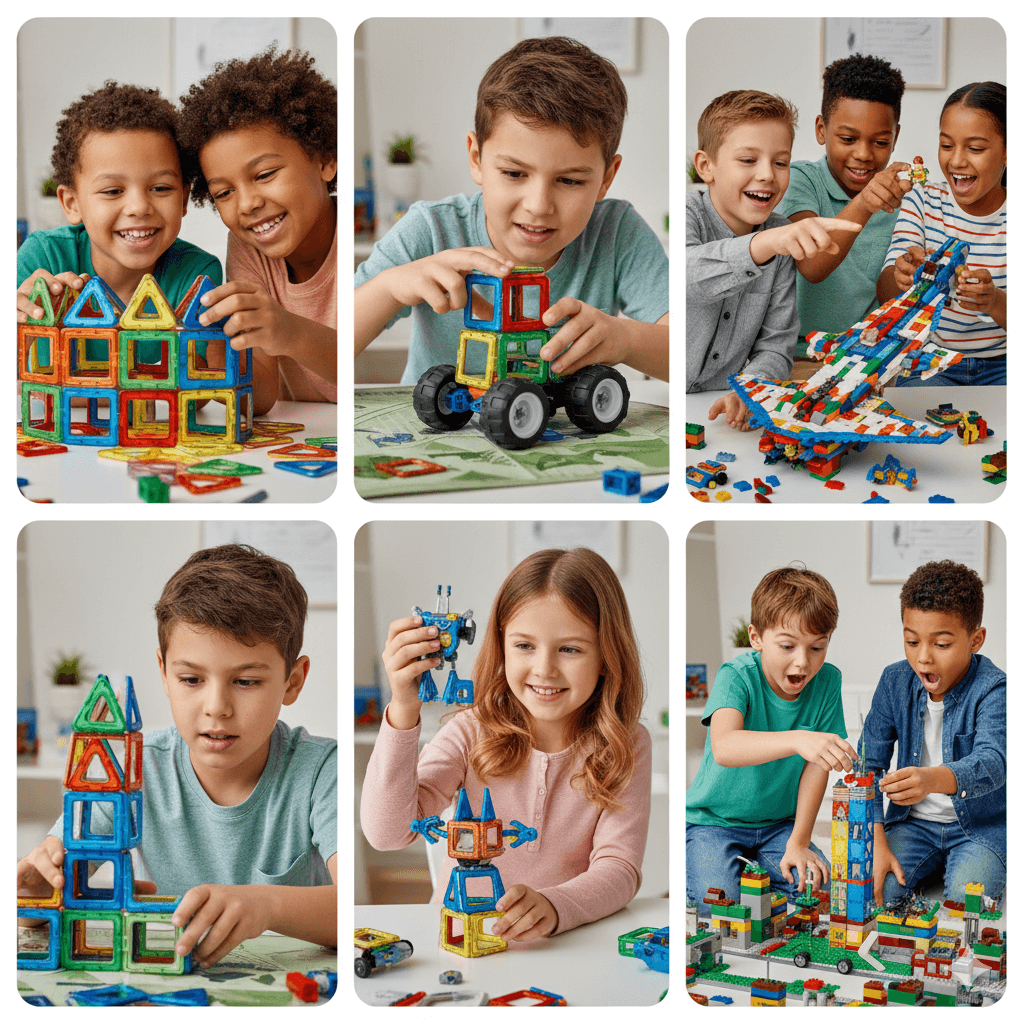 Collage showing children building with MAGNA-TILES, GeoSmart vehicles, and LEGO sets with focus on engaged faces