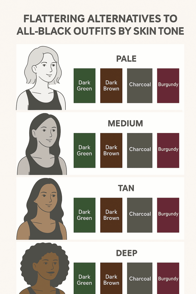 Color palette guide showing flattering alternatives to all-black outfits by skin tone
