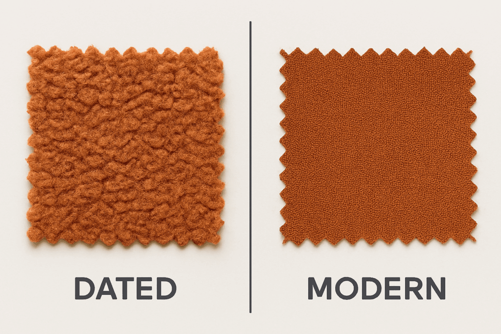 Fabric swatch comparison showing dated vs. modern material choices