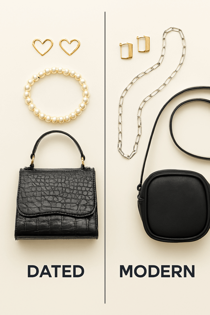 Flat lay of modern accessories compared to dated alternatives
