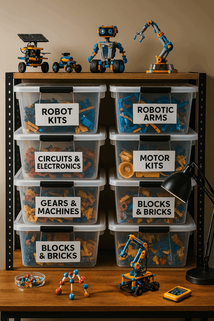 Organized STEM toy storage area with clear bins labeled by toy type, some toys on display shelf, workspace with good lighting
