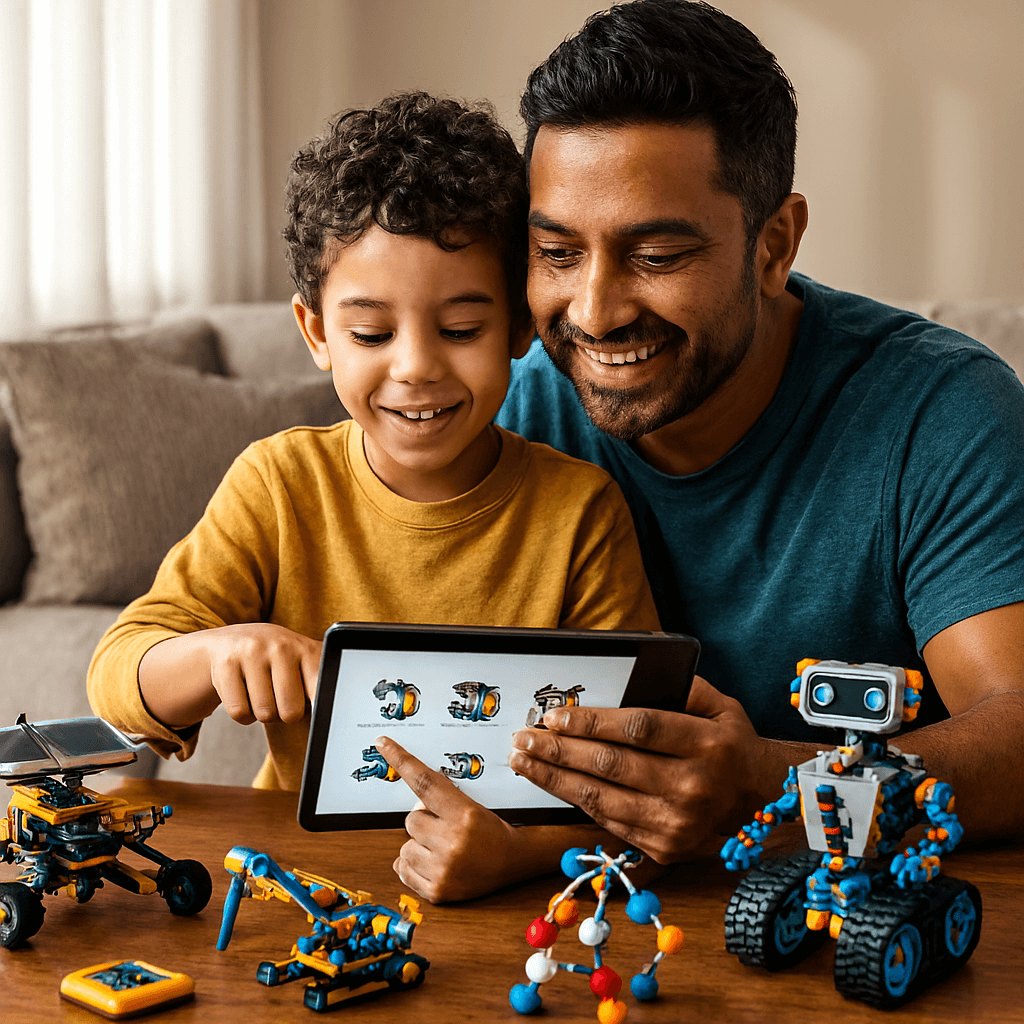 Parent and child sitting together looking at toy options on tablet, with several STEM toys displayed on table in front of them