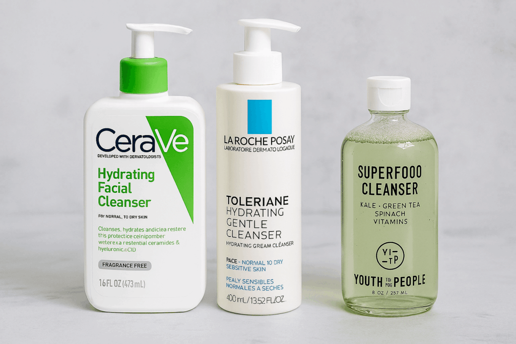 Side-by-side comparison photo of the three recommended cleansers