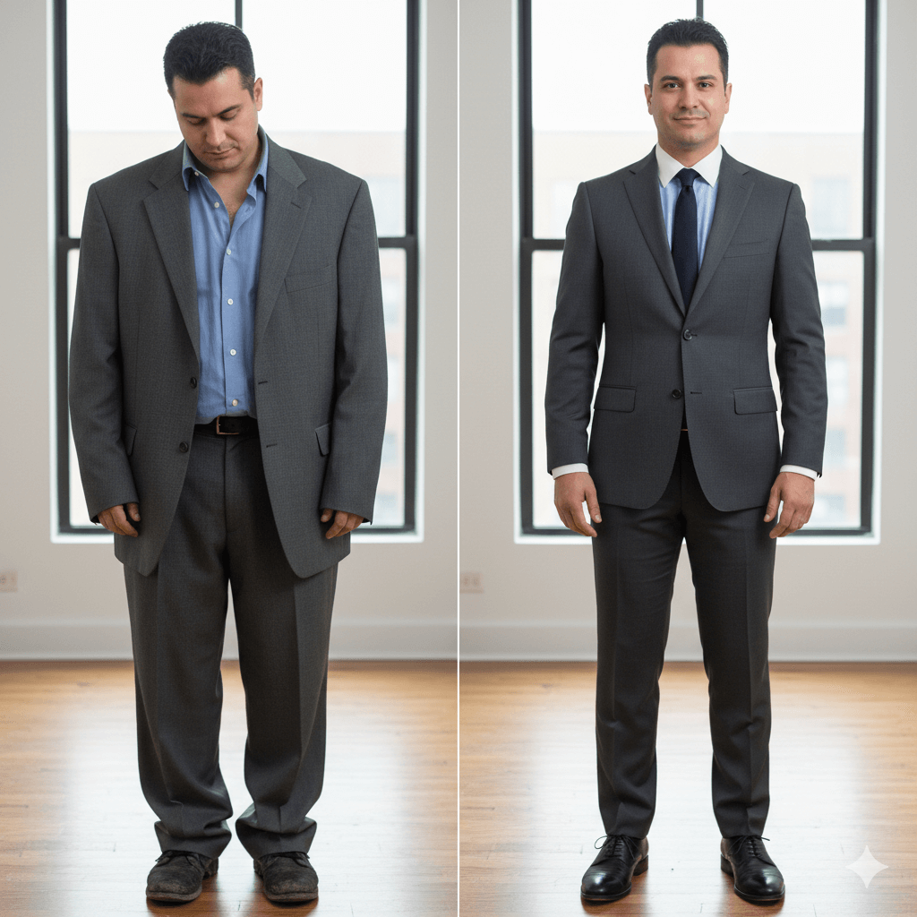 Side by side comparison showing the same person in ill_fitting vs well fitted clothing