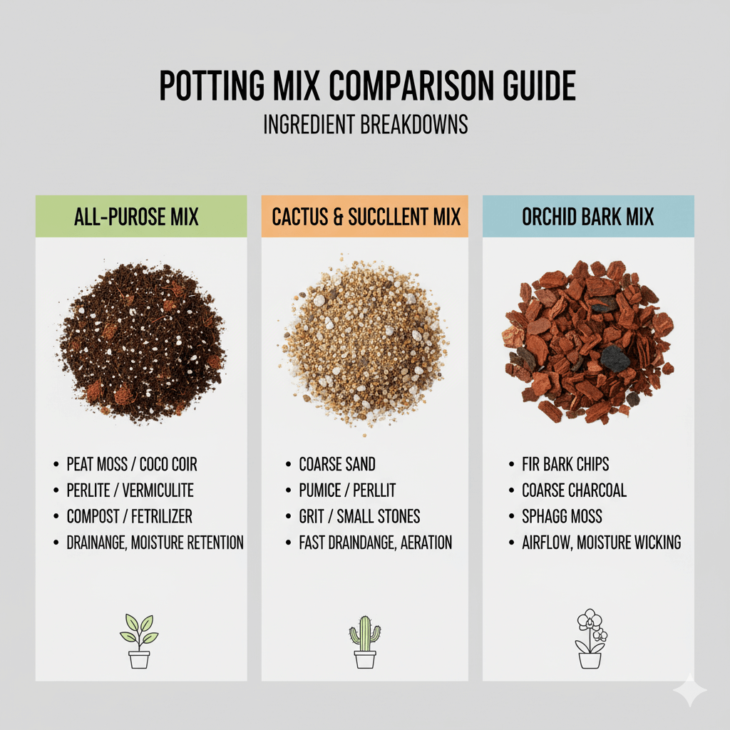 Comparison of different potting mix types with ingredient breakdowns