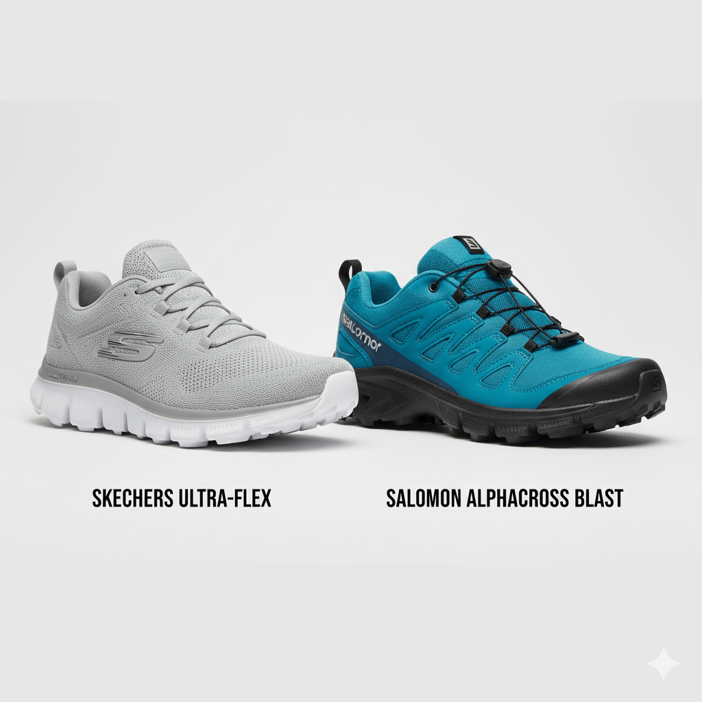 Comparison photo of Skechers Ultra-Flex and Salomon Alphacross Blast shoes