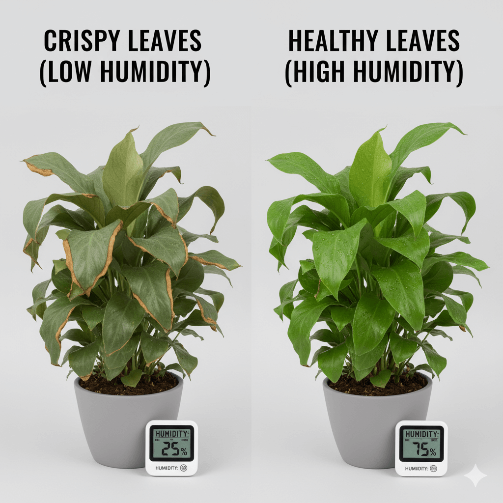 Comparison photo showing crispy vs. healthy plant leaves with humidity levels noted