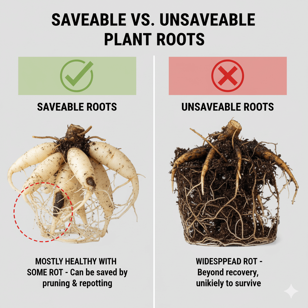 Comparison showing saveable vs. unsaveable plant roots