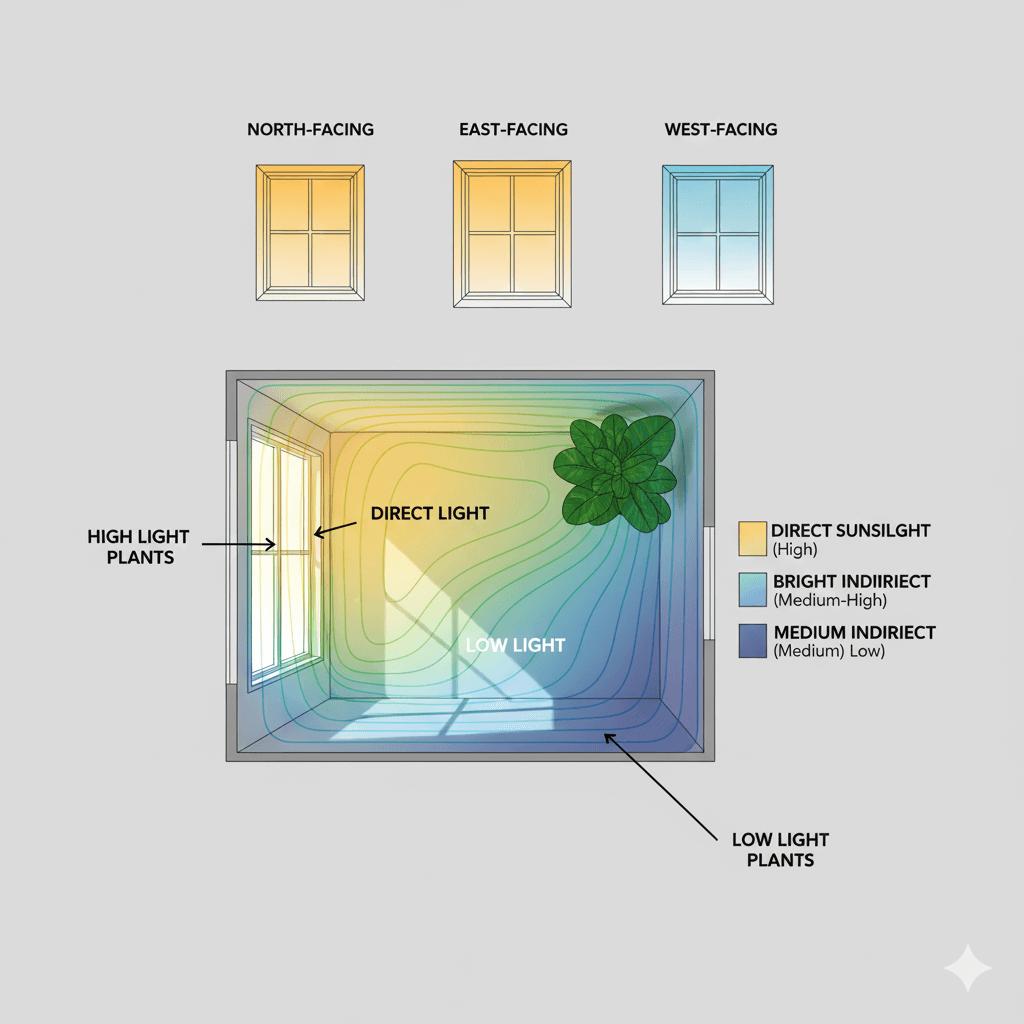 Diagram showing light levels at different distances from various window directions