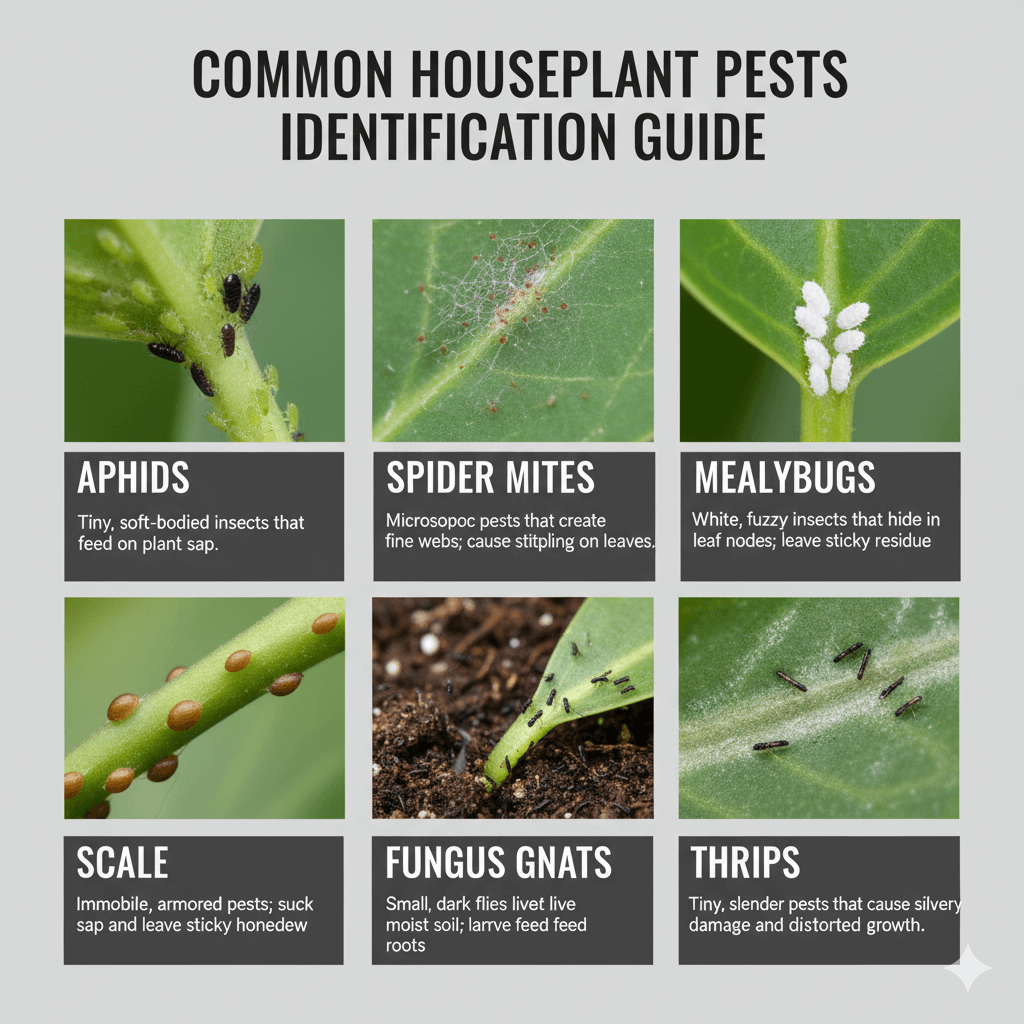 Identification guide showing close-ups of common houseplant pests