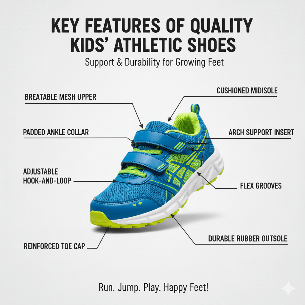 Infographic showing key features of quality kids athletic shoes with labeled parts