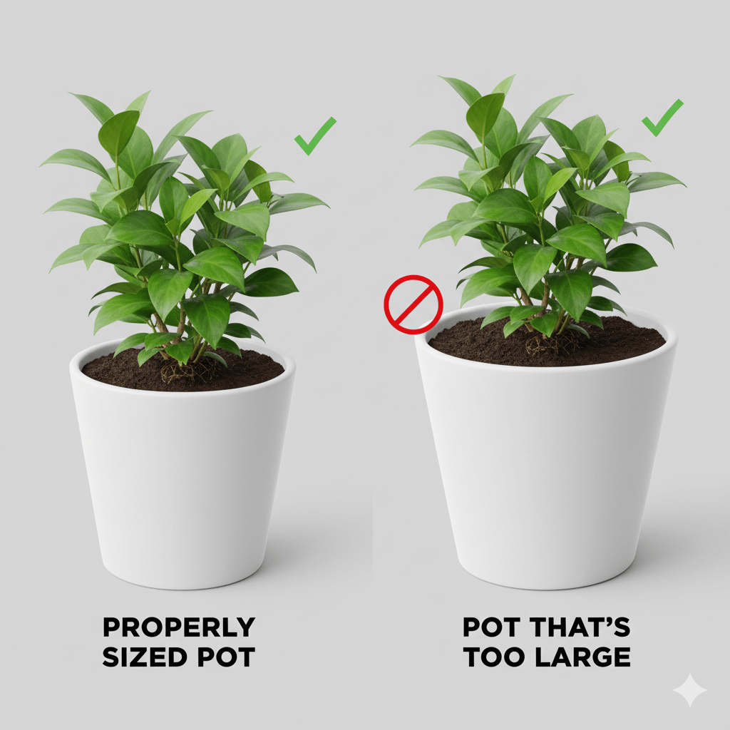 Side-by-side showing properly sized pot vs. pot that's too large