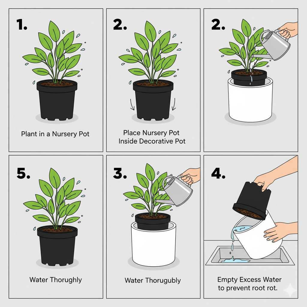 Step-by-step visual of the nursery pot inside decorative pot method