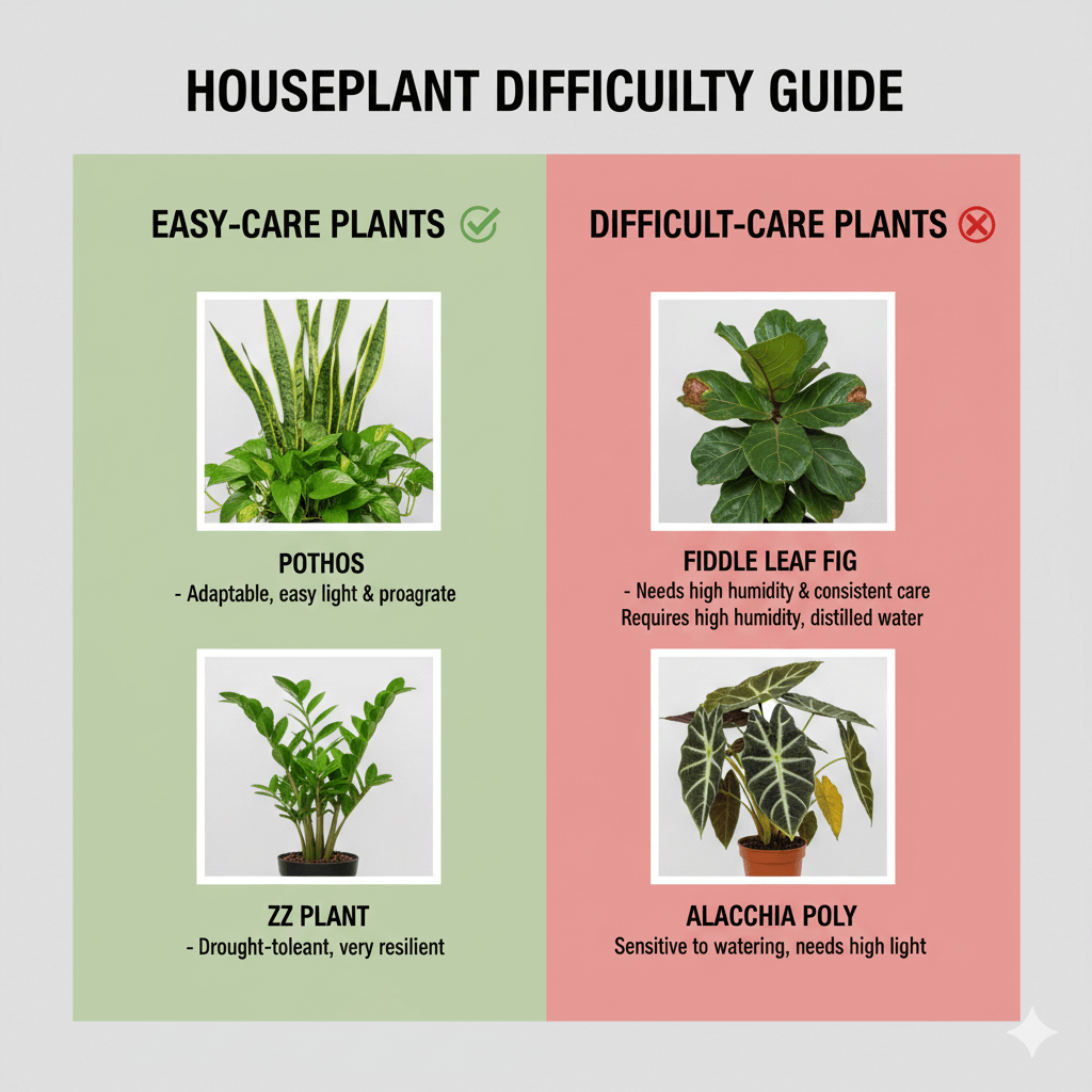 Visual guide to easy vs. difficult plants with photos