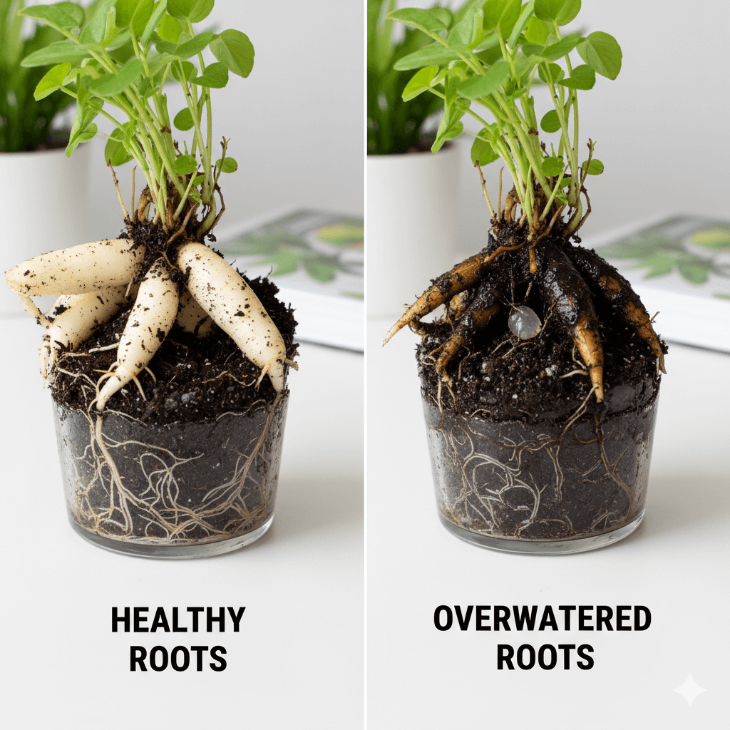 side-by-side comparison of healthy vs. overwatered plant roots