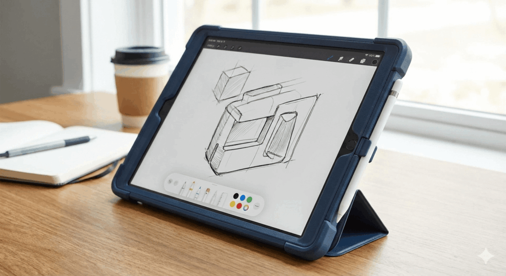 iPad in protective case with Apple Pencil