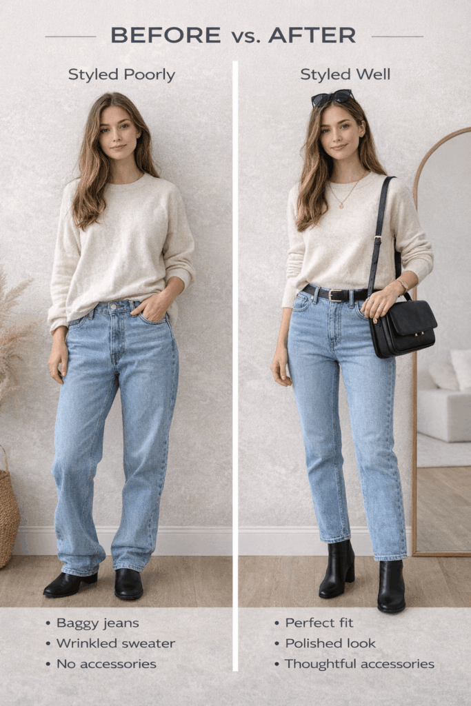 A before-and-after comparison showing the same affordable outfit styled poorly vs. styled well with proper fit and accessories