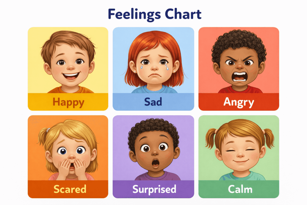 A colorful feelings chart with 6-8 basic emotions illustrated with simple, child-friendly faces