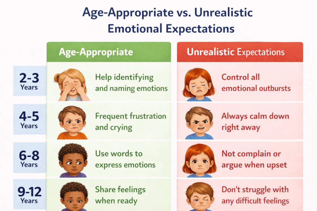 A comparison chart showing age-appropriate vs. unrealistic emotional expectations for different age groups