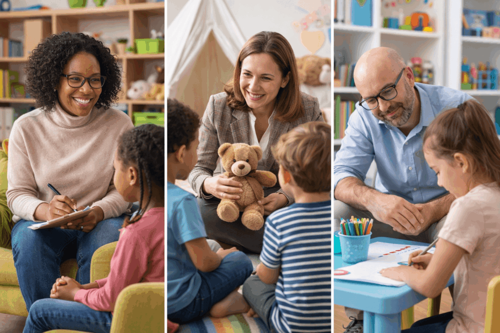 A diverse group of professionals (psychologist, counselor, therapist) working with children in welcoming, child-friendly settings
