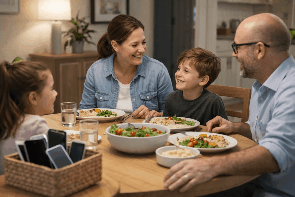 A family having dinner together with all phones in a basket on a side table, engaged in conversation
